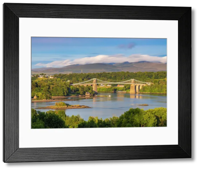 Framed Print : Menai Suspension Bridge at sunset, Menai Bridge, Anglesey, Wales, Great Britain, United Kingdom