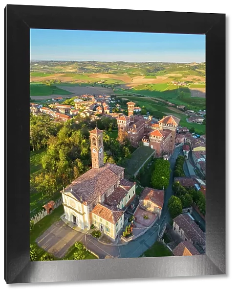 Aerial view at sunset of the Castle of Cereseto, Alessandria district, Monferrato, Piedmont, Italy