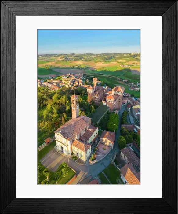 Framed Print : Aerial view at sunset of the Castle of Cereseto, Alessandria district, Monferrato, Piedmont, Italy