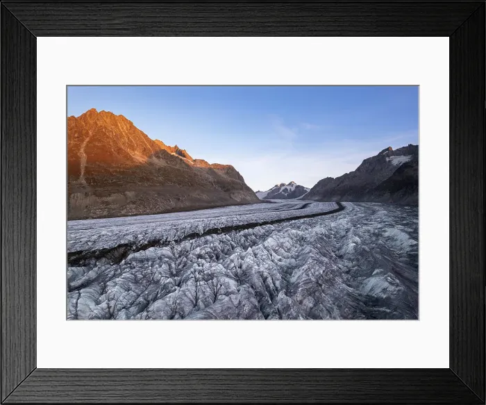 Framed Print : Aerial shot of Aletsch swiss glacier with crevasses and ice cracks at sunset, Aletsch glacier, Bernese Alps, Valais canton, Switzerland Framed Print : Aerial shot of Aletsch swiss glacier with crevasses and ice cracks at sunset, Aletsch glacier, Bernese Alps, Valais canton, Switzerland