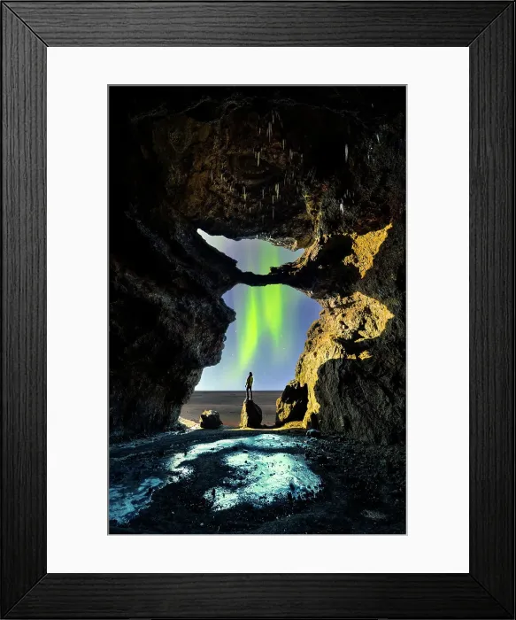 Framed Print : A tourist in Gigjagja cave during night with northern lights, Sudurland, Iceland(MR) Framed Print : A tourist in Gigjagja cave during night with northern lights, Sudurland, Iceland(MR)