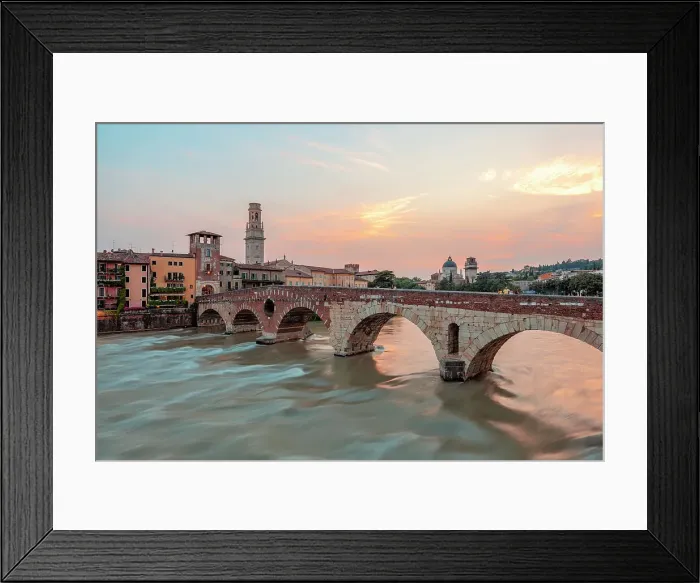 Framed Print : Ponte Pietra and river Adige at sunset, Verona, Veneto, Italy Framed Print : Ponte Pietra and river Adige at sunset, Verona, Veneto, Italy