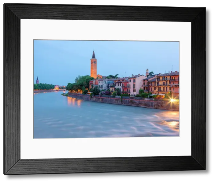 Framed Print : River Adige and Basilica of Saint Anastasia at dusk from Ponte Pietra. Verona, Veneto, Italy Framed Print : River Adige and Basilica of Saint Anastasia at dusk from Ponte Pietra. Verona, Veneto, Italy