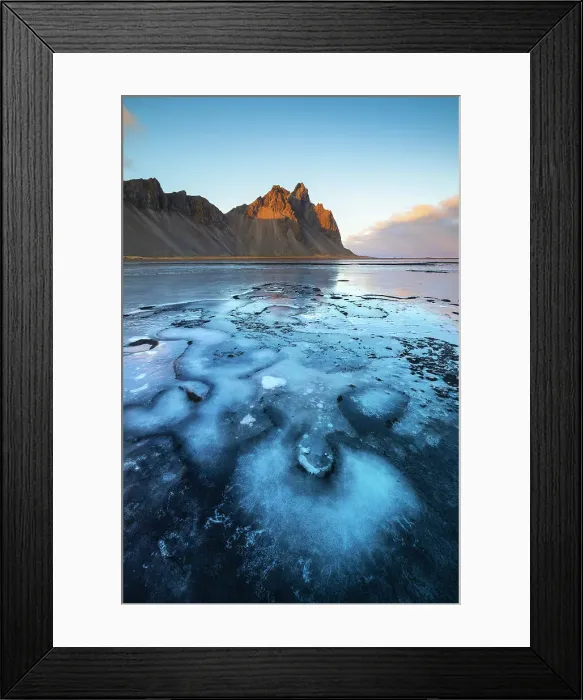 Framed Print : Vestrahorn and frozen black sand at sunset, Stokksnes peninsula, Hofn, Austurland, Iceland Framed Print : Vestrahorn and frozen black sand at sunset, Stokksnes peninsula, Hofn, Austurland, Iceland
