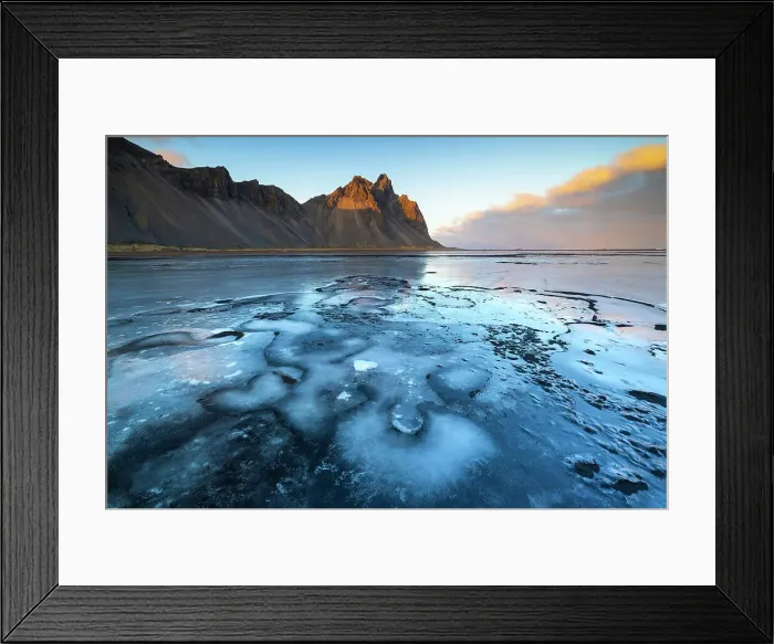Framed Print : Vestrahorn and frozen black sand at sunset, Stokksnes peninsula, Hofn, Austurland, Iceland Framed Print : Vestrahorn and frozen black sand at sunset, Stokksnes peninsula, Hofn, Austurland, Iceland