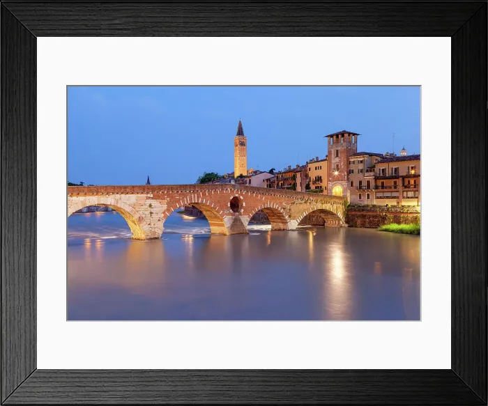 Framed Print : Ponte Pietra and Basilica of Saint Anastasia bell tower at dusk from from Ponte Pietra. Verona, Veneto, Italy Framed Print : Ponte Pietra and Basilica of Saint Anastasia bell tower at dusk from from Ponte Pietra. Verona, Veneto, Italy