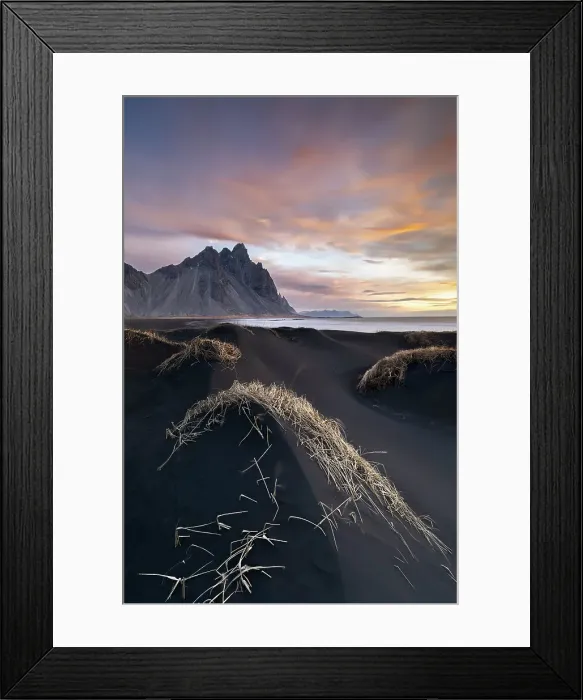 Framed Print : Vestrahorn and black sand at sunrise, Stokksnes peninsula, Hofn, Austurland, Iceland Framed Print : Vestrahorn and black sand at sunrise, Stokksnes peninsula, Hofn, Austurland, Iceland