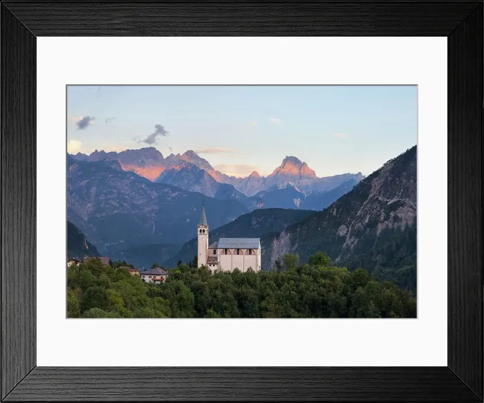 Framed Print : The church of San Martino with Cima dei Preti - Duranno group on the background at sunset, Dolomites, Valle di Cadore, Belluno province, Veneto, Italy Framed Print : The church of San Martino with Cima dei Preti - Duranno group on the background at sunset, Dolomites, Valle di Cadore, Belluno province, Veneto, Italy