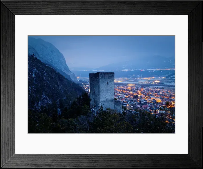 Framed Print : The Fragenstein castle ruins with Zirl town in the background on a winter evening, Zirl, Innsbruck Land, Tyrol, Austria Framed Print : The Fragenstein castle ruins with Zirl town in the background on a winter evening, Zirl, Innsbruck Land, Tyrol, Austria