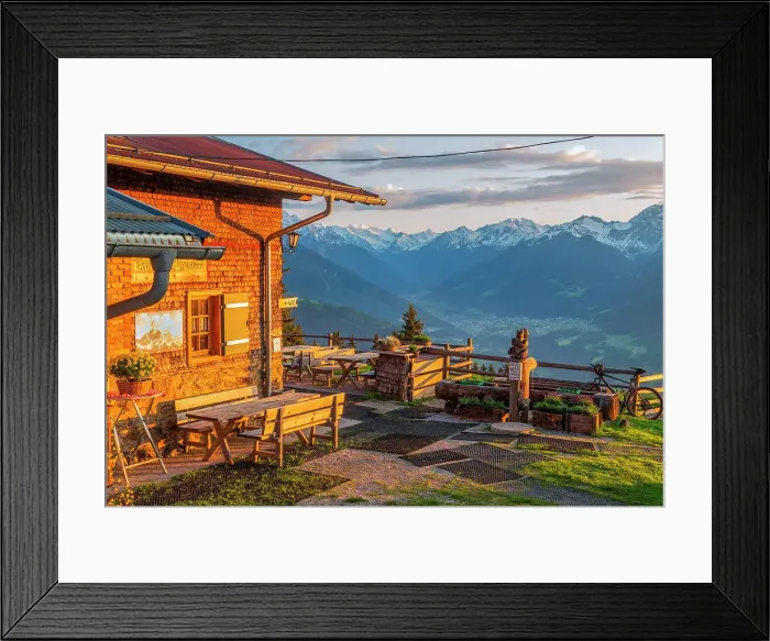 Framed Print : Patscher Alm alpine hut at golden hour with the Stubai valley and the Stubai glacier, Patscherkofel mountain, Patsch, Austria Framed Print : Patscher Alm alpine hut at golden hour with the Stubai valley and the Stubai glacier, Patscherkofel mountain, Patsch, Austria