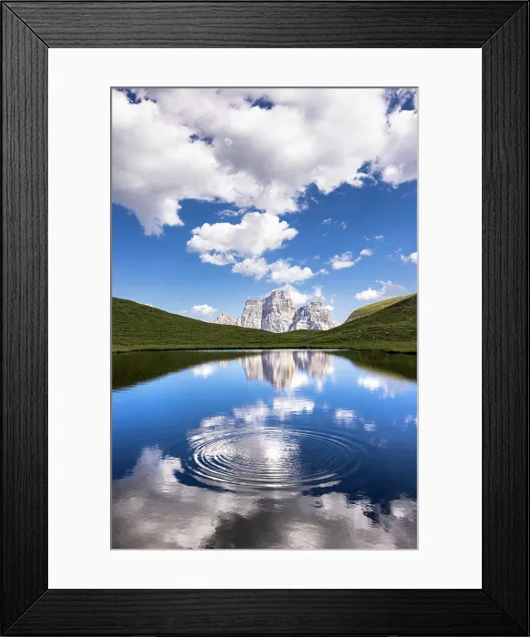 Framed Print : Water circles at Lago delle Baste with Monte Pelmo in the background. Altipiano of Mondeval, Giau pass, Cadore, Belluno province, Veneto, Italy Framed Print : Water circles at Lago delle Baste with Monte Pelmo in the background. Altipiano of Mondeval, Giau pass, Cadore, Belluno province, Veneto, Italy