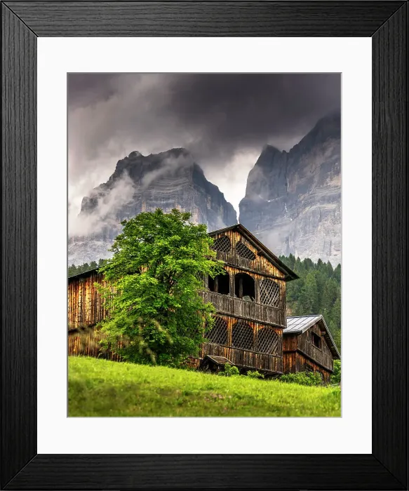 Framed Print : Traditional rustic wooden houses in the village of Coi in Val di Zoldo, with Mount Pelmo behind. Zoldo valley, Cadore, Belluno province, Veneto, Italy Framed Print : Traditional rustic wooden houses in the village of Coi in Val di Zoldo, with Mount Pelmo behind. Zoldo valley, Cadore, Belluno province, Veneto, Italy