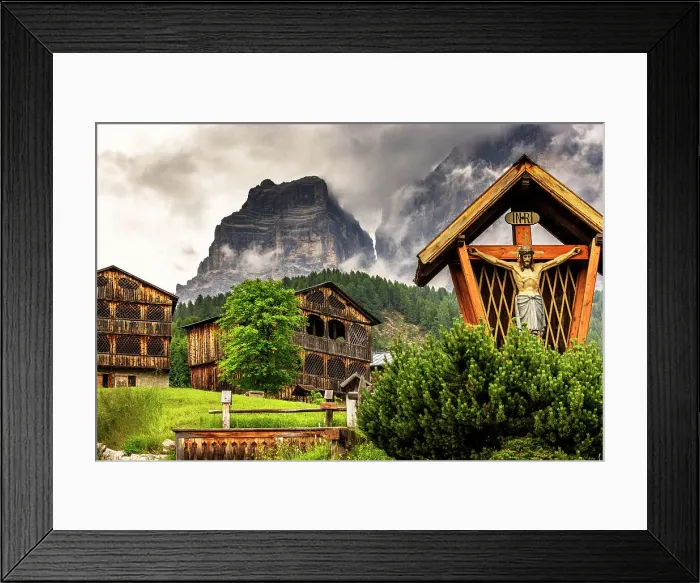 Framed Print : Traditional rustic wooden houses in the village of Coi in Val di Zoldo, with Mount Pelmo behind. Zoldo valley, Cadore, Belluno province, Veneto, Italy Framed Print : Traditional rustic wooden houses in the village of Coi in Val di Zoldo, with Mount Pelmo behind. Zoldo valley, Cadore, Belluno province, Veneto, Italy