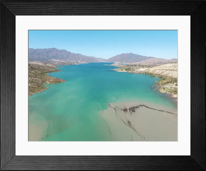 Framed Print : Aerial view of the Potrerillos Lake Dam in the Andes Mountains, Lujan de Cuyo, Mendoza, Argentina