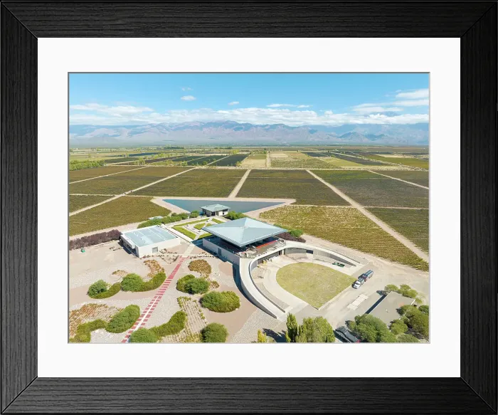 Framed Print : Aerial view of the Alfa Crux Winery (former O. Fournier) with vineyards and the Andes mountains in background, Eugenio Bustos, Valle de Uco, Mendoza, Argentina Framed Print : Aerial view of the Alfa Crux Winery (former O. Fournier) with vineyards and the Andes mountains in background, Eugenio Bustos, Valle de Uco, Mendoza, Argentina