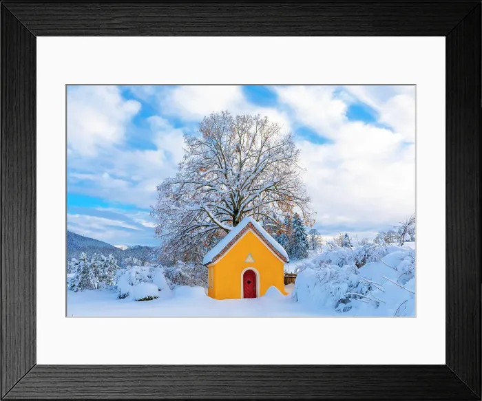 Framed Print : Wooden Chapel in the Snow, Bavaria, Germany Framed Print : Wooden Chapel in the Snow, Bavaria, Germany