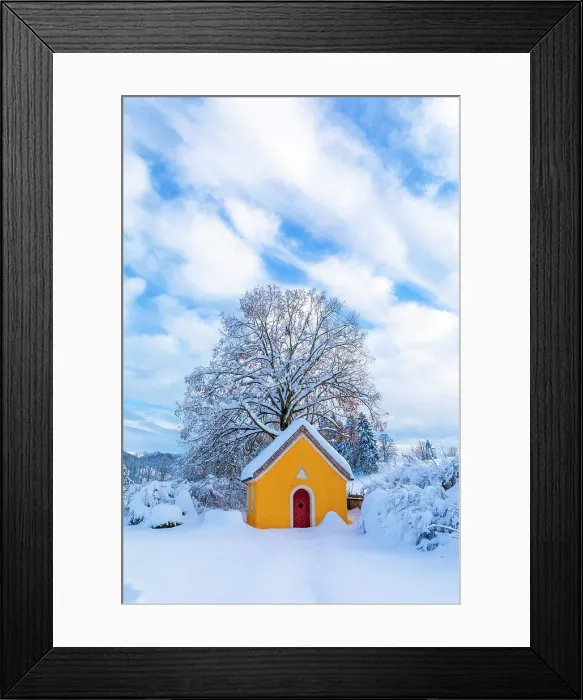 Framed Print : Wooden Chapel in the Snow, Bavaria, Germany Framed Print : Wooden Chapel in the Snow, Bavaria, Germany