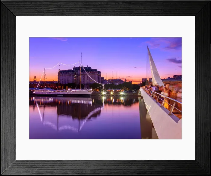 Framed Print : The Puente de la Mujer bridge and Sarmiento frigate illuminated at twilight, Puerto Madero, Buenos Aires, Argentina