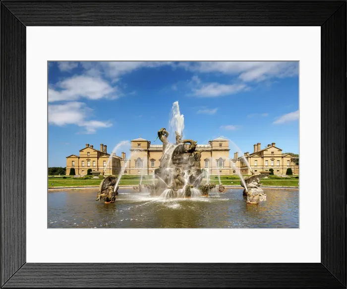 Framed Print : Fountain and Holkham Hall, Norfolk, England Framed Print : Fountain and Holkham Hall, Norfolk, England