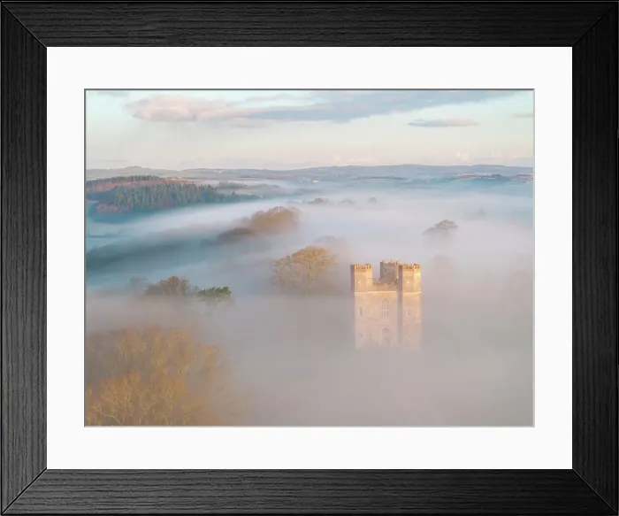 Framed Print : Morning mist surrounds The Belvedere tower at dawn on a winter morning, Powderham Castle, Devon, England. Winter (March) 2024