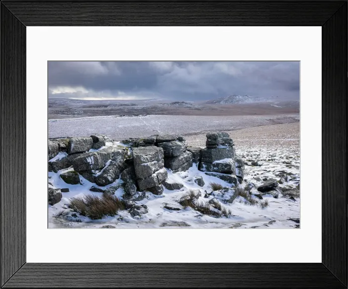 Framed Print : Snow on the moorland and granite outcrops at Rowtor in Dartmoor National Park, Devon, England. Winter (March) 2024 Framed Print : Snow on the moorland and granite outcrops at Rowtor in Dartmoor National Park, Devon, England. Winter (March) 2024