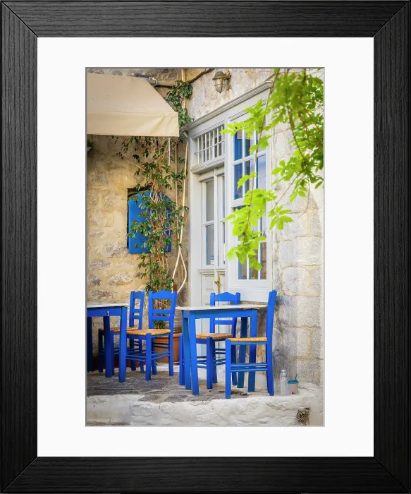 Framed Print : Blue chairs, Hydra Town, Hydra (Ydra), Saronic Islands, Greece Framed Print : Blue chairs, Hydra Town, Hydra (Ydra), Saronic Islands, Greece