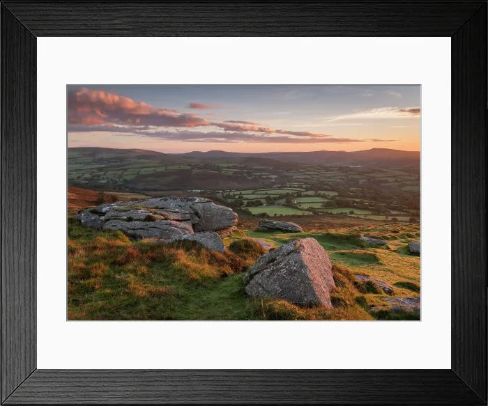 Framed Print : Sunrise over rolling countryside from Corndon Tor, Dartmoor, Devon, England. Autumn (October) 2016 Framed Print : Sunrise over rolling countryside from Corndon Tor, Dartmoor, Devon, England. Autumn (October) 2016