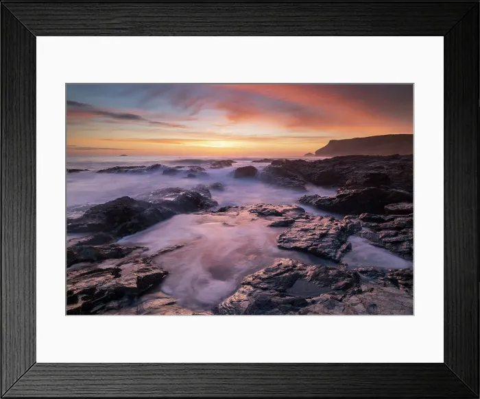 Framed Print : Colourful Cornish sunset above rocky ledges near Polzeath, Cornwall, England. Spring (April) 2018 Framed Print : Colourful Cornish sunset above rocky ledges near Polzeath, Cornwall, England. Spring (April) 2018