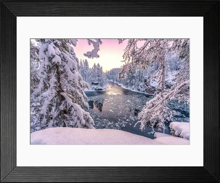 Framed Print : Pink sunrise over snowy trees with Myllykoski frozen rapids and old mill on background, Oulanka NP, Kuusamo, Lapland, Finland Framed Print : Pink sunrise over snowy trees with Myllykoski frozen rapids and old mill on background, Oulanka NP, Kuusamo, Lapland, Finland