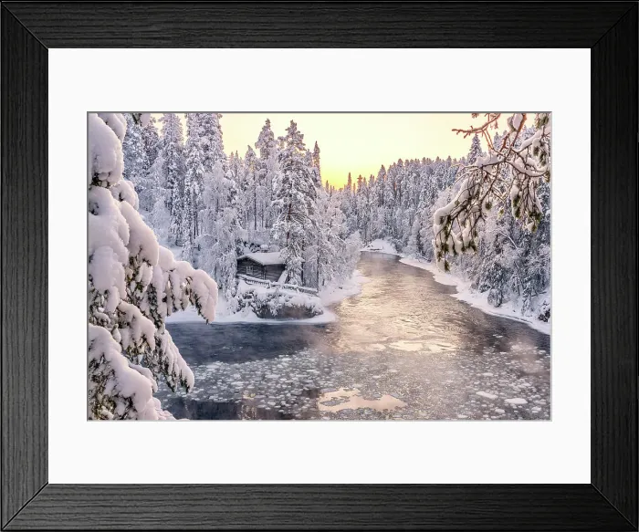 Framed Print : Myllykoski frozen rapids and snowy mill into an arctic forest at sunrise, Juuma, Oulanka National Park, Kuusamo, Lapland, Finland Framed Print : Myllykoski frozen rapids and snowy mill into an arctic forest at sunrise, Juuma, Oulanka National Park, Kuusamo, Lapland, Finland