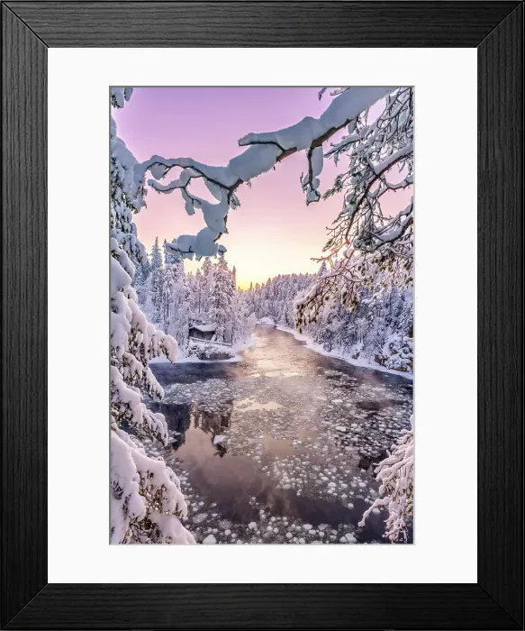 Framed Print : Romantic sky at dawn over the old mill and icy rapids framed by snowy trees, Myllykoski, Oulanka NP, Kuusamo, Lapland, Finland Framed Print : Romantic sky at dawn over the old mill and icy rapids framed by snowy trees, Myllykoski, Oulanka NP, Kuusamo, Lapland, Finland