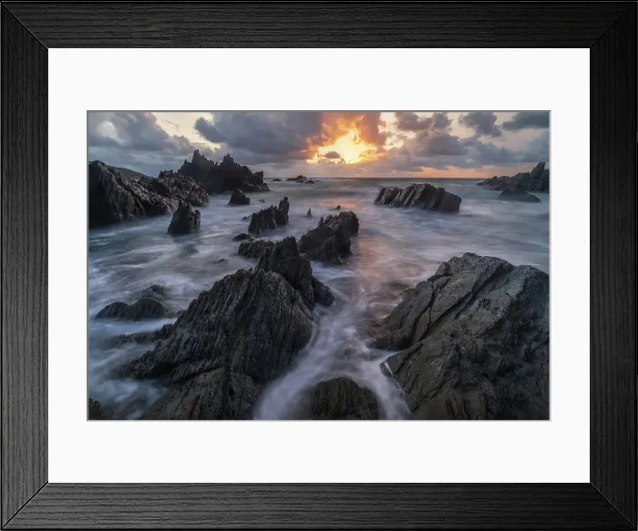 Framed Print : Sunset above the dramatic rocky coast of North Devon, England. Summer (August) 2018 Framed Print : Sunset above the dramatic rocky coast of North Devon, England. Summer (August) 2018