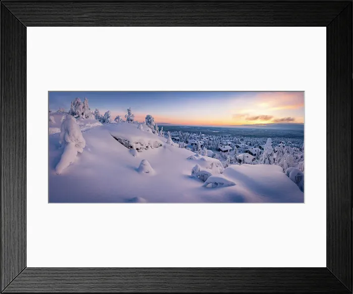 Framed Print : Panoramic of ice sculptures wrapped in snow surrounding the arctic village of Pudasjarvi at sunrise, Iso Syote, Lapland, Finland Framed Print : Panoramic of ice sculptures wrapped in snow surrounding the arctic village of Pudasjarvi at sunrise, Iso Syote, Lapland, Finland