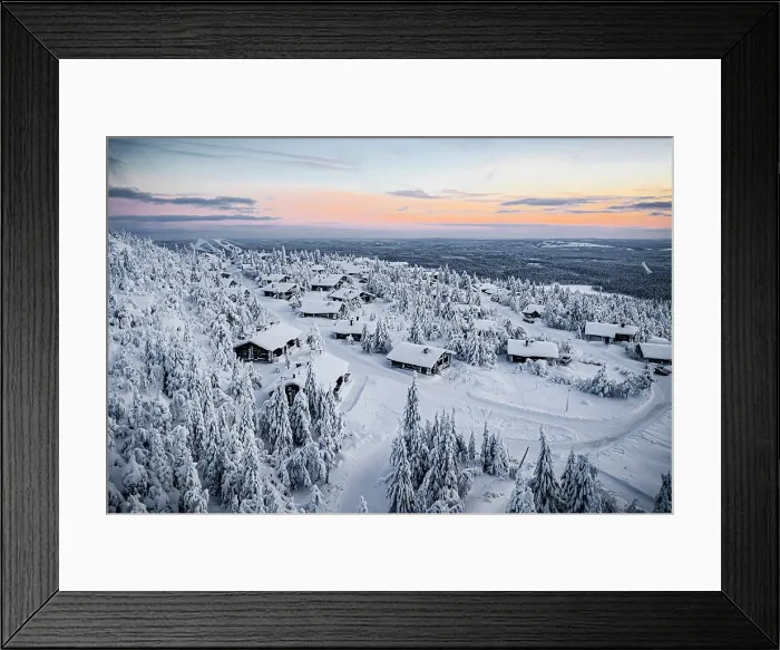 Framed Print : Snowy mountain huts in the frozen forest at sunset, Pudasjarvi, Iso Syote hill, Lapland, Finland Framed Print : Snowy mountain huts in the frozen forest at sunset, Pudasjarvi, Iso Syote hill, Lapland, Finland