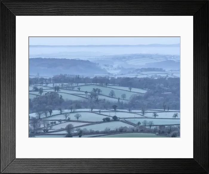 Framed Print : Frosty rolling countryside near Sourton, Devon, England. Winter (January) 2019