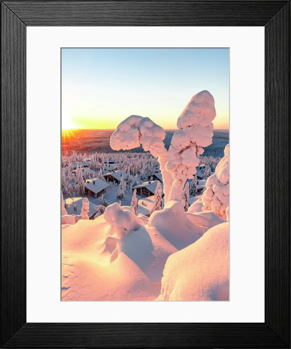 Framed Print : Romantic sunrise over ice sculptures surrounding traditional mountain huts covered with snow, Iso Syote, Lapland, Finland Framed Print : Romantic sunrise over ice sculptures surrounding traditional mountain huts covered with snow, Iso Syote, Lapland, Finland