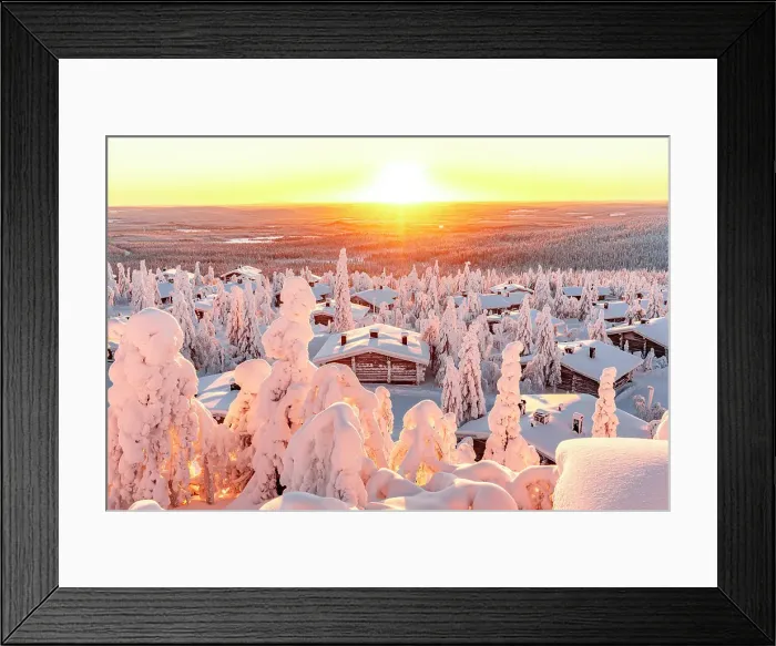 Framed Print : Snowy cottages in the arctic forest lit by sun rays at dawn, Iso Syote, Lapland, Finland Framed Print : Snowy cottages in the arctic forest lit by sun rays at dawn, Iso Syote, Lapland, Finland
