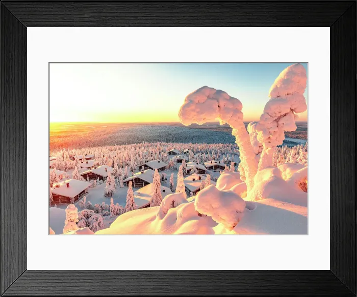 Framed Print : Arctic sunrise over ice sculptures and snowy mountain huts from Huippupolku nature trail on Iso Syote peak, Lapland, Finland Framed Print : Arctic sunrise over ice sculptures and snowy mountain huts from Huippupolku nature trail on Iso Syote peak, Lapland, Finland