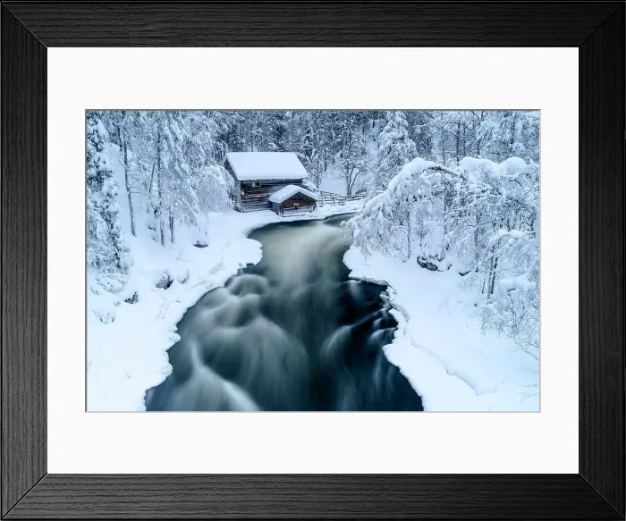 Framed Print : High angle view of icy river rapids flowing in a winter snowy forest near Myllykoski mill, Oulanka National Park, Lapland, Finland