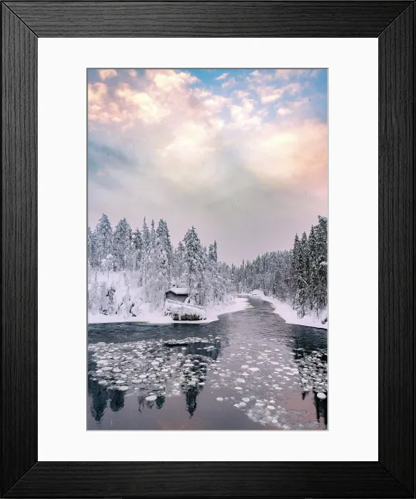 Framed Print : Scenic clouds at dawn over Myllykoski old mill and river in a snowy forest, Oulanka National Park, Kuusamo, Lapland, Finland Framed Print : Scenic clouds at dawn over Myllykoski old mill and river in a snowy forest, Oulanka National Park, Kuusamo, Lapland, Finland