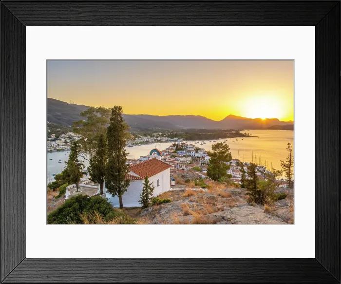 Framed Print : Sunset over Poros Island, Saronic Islands, Greece