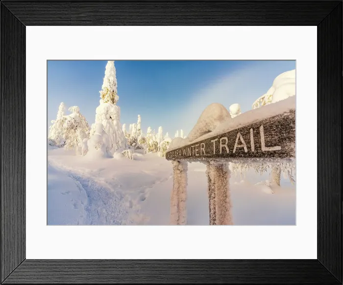 Framed Print : Signage of winter hiking trails in a snowy frozen forest at dawn, Valtavaara, Ruka, Kuusamo, Lapland, Finland Framed Print : Signage of winter hiking trails in a snowy frozen forest at dawn, Valtavaara, Ruka, Kuusamo, Lapland, Finland