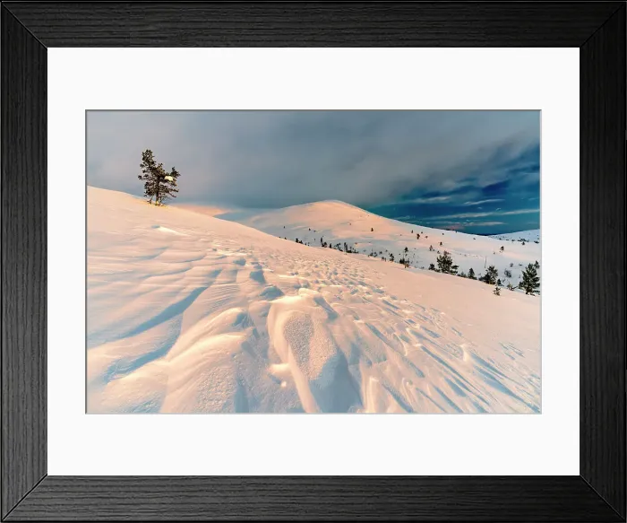 Framed Print : Landscape of snowy mountains after a blizzard at sunrise, Pallas-Yllastunturi National Park, Muonio, Lapland, Finland Framed Print : Landscape of snowy mountains after a blizzard at sunrise, Pallas-Yllastunturi National Park, Muonio, Lapland, Finland