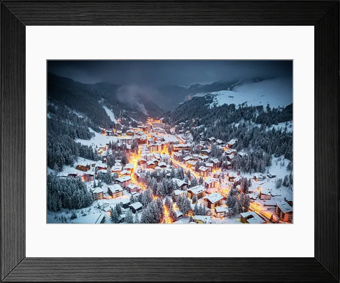 Framed Print : Illuminated fairy tale village of Madesimo covered with snow at Christmas, aerial view, Valle Spluga, Valtellina, Lombardy, Italy