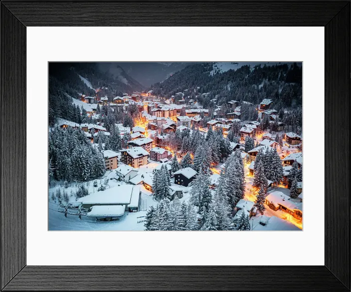 Framed Print : Overhead view of traditional snowy huts in the alpine village of Madesimo at dusk, Valle Spluga, Valtellina, Lombardy, Italy Framed Print : Overhead view of traditional snowy huts in the alpine village of Madesimo at dusk, Valle Spluga, Valtellina, Lombardy, Italy