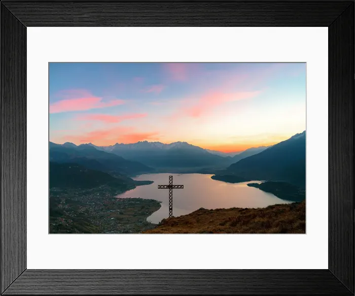 Framed Print : Colorful sky at dawn over Lake Como and Alto Lario view from summit cross on Crocetta mountain above Dongo village, Como, Italy Framed Print : Colorful sky at dawn over Lake Como and Alto Lario view from summit cross on Crocetta mountain above Dongo village, Como, Italy