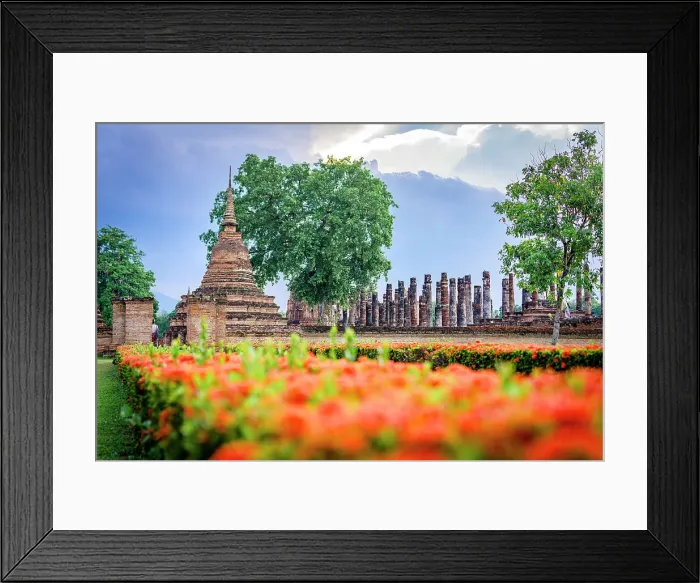 Framed Print : Flowers in bloom surrounding the Buddhist stupa in Wat Mahathat temple, Sukhothai Historical Park, Sukhothai, Thailand Framed Print : Flowers in bloom surrounding the Buddhist stupa in Wat Mahathat temple, Sukhothai Historical Park, Sukhothai, Thailand