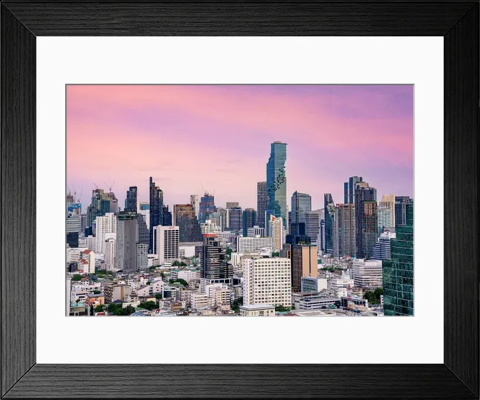 Framed Print : Pink sunset over the modern skyscrapers of Bangkok skyline, Thailand Framed Print : Pink sunset over the modern skyscrapers of Bangkok skyline, Thailand