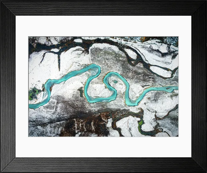Framed Print : Aerial view of turquoise water of a river in a snowy landscape, Predarossa, Valmasino, Lombardy, Italy Framed Print : Aerial view of turquoise water of a river in a snowy landscape, Predarossa, Valmasino, Lombardy, Italy
