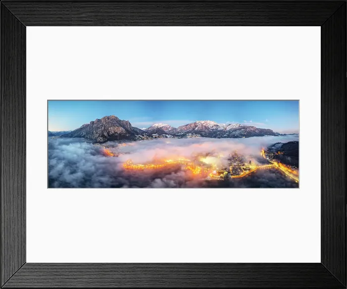 Framed Print : Aerial panoramic of the illuminated town of Lecco and mountains under the foggy sky at dusk, Lake Como, Lombardy, Italy Framed Print : Aerial panoramic of the illuminated town of Lecco and mountains under the foggy sky at dusk, Lake Como, Lombardy, Italy